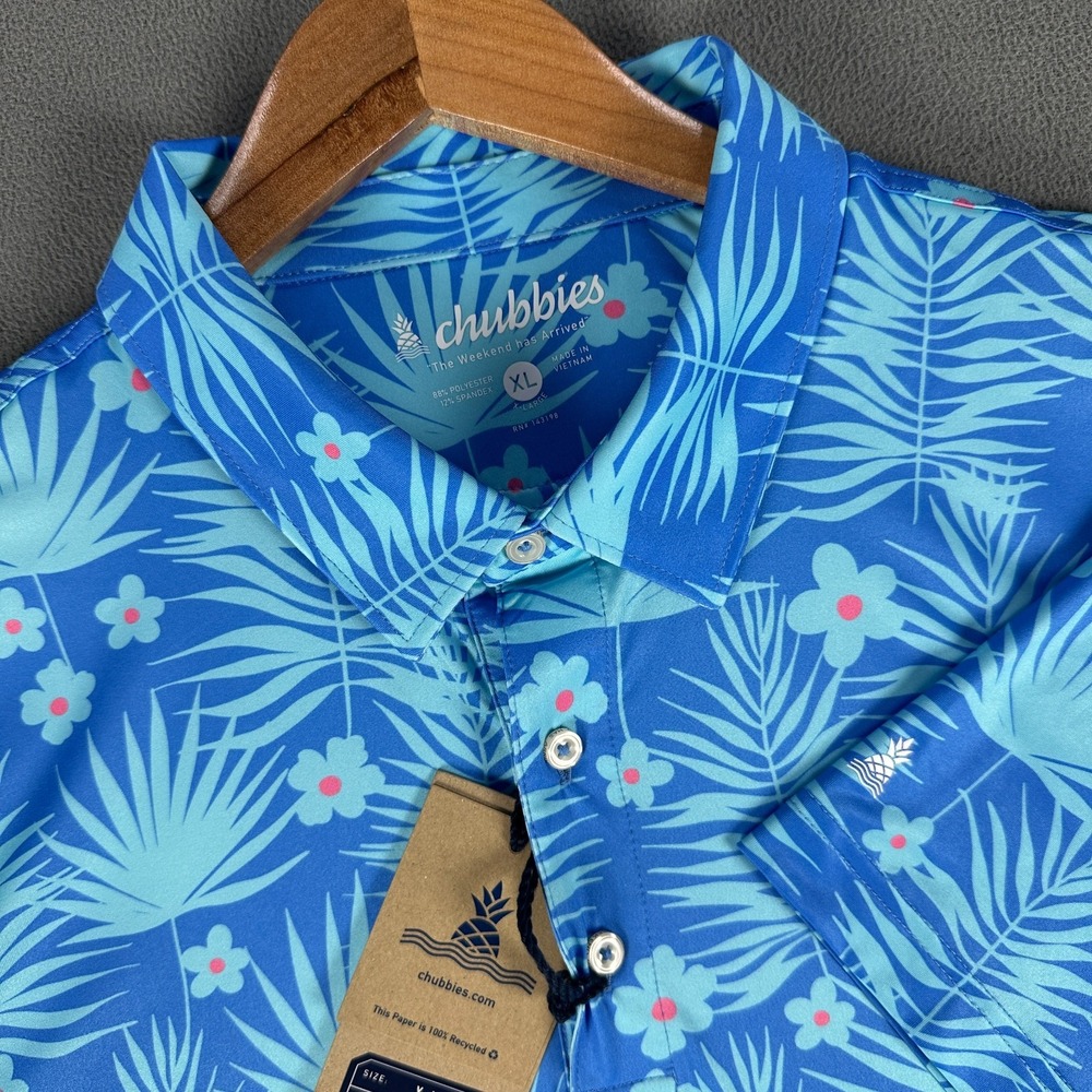 Chubbies Polo Shirt Mens XL Blue Colorful Fern Flow Performance Golf Beach New